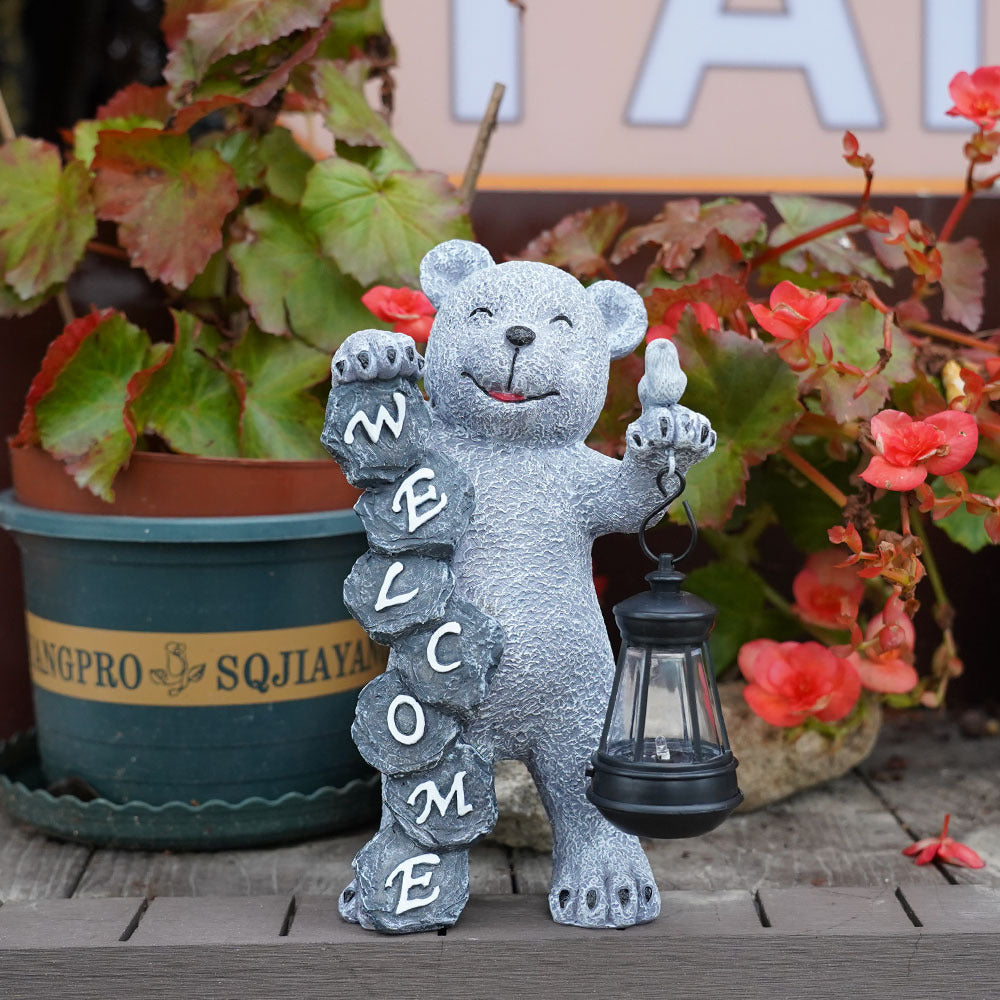 Solar-Powered Welcome Bear Statue with LED Lantern - Outdoor Garden &amp; Patio Decor