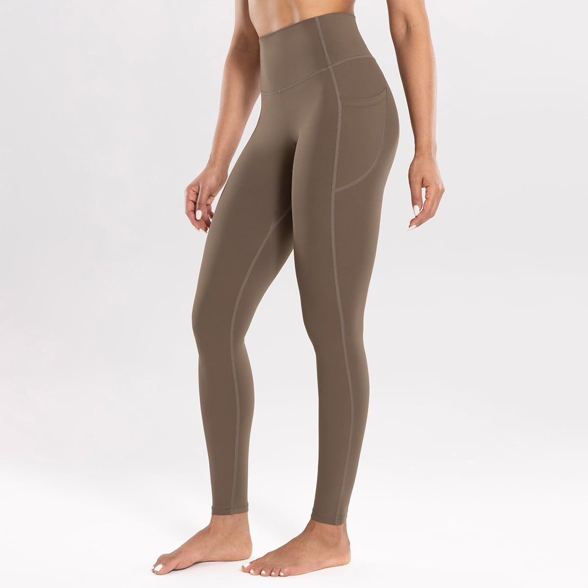 M Dark Khaki High-Waist Seamless Yoga Leggings with Pockets - Ultra Soft &amp; Quick-Dry Workout Tights