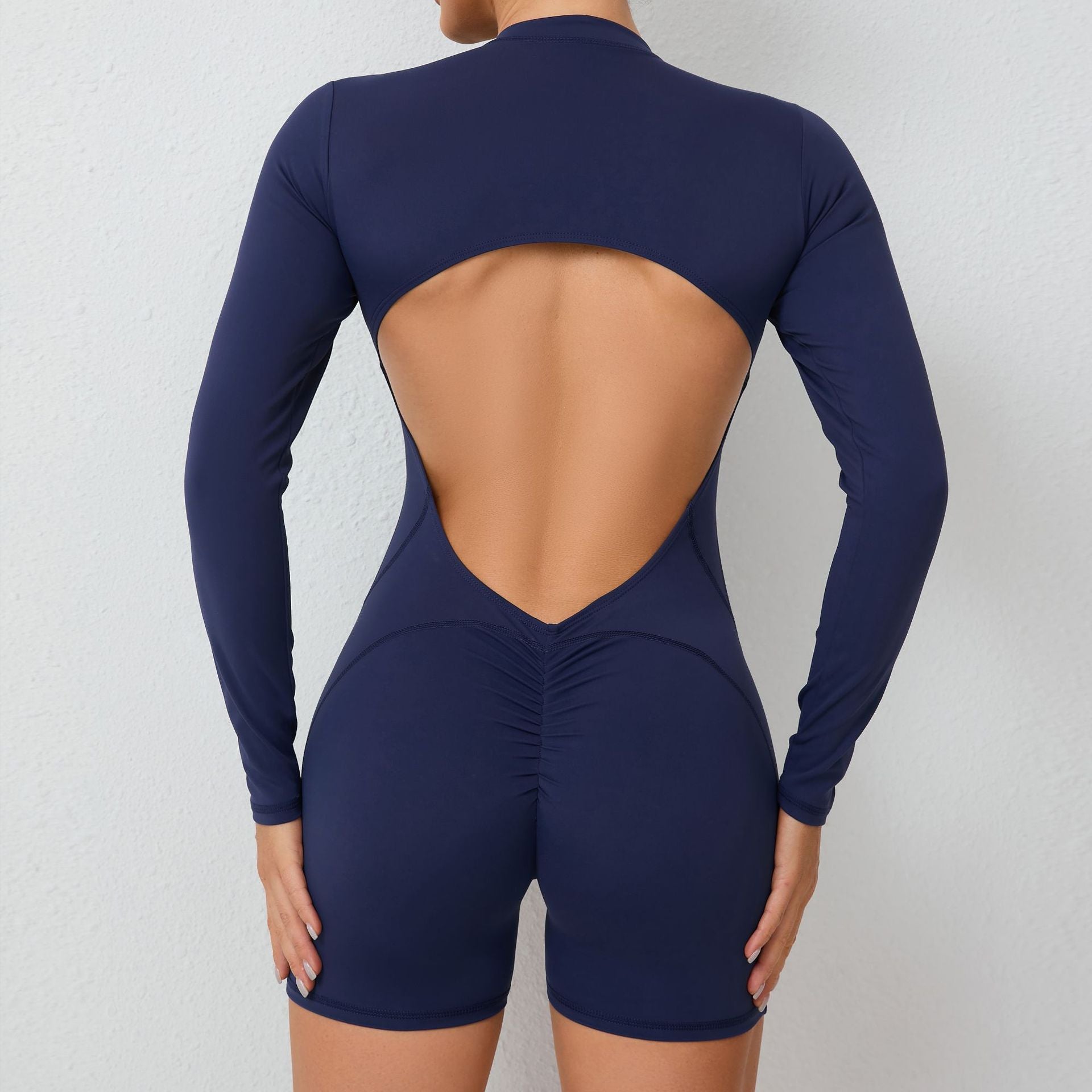 S Black Backless Scrunch Butt Workout Jumpsuit - Long-Sleeve Open-Back Yoga Romper