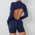 S Navy Blue Backless Scrunch Butt Workout Jumpsuit - Long-Sleeve Open-Back Yoga Romper