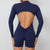 S Blue Backless Scrunch Butt Workout Jumpsuit - Long-Sleeve Open-Back Yoga Romper