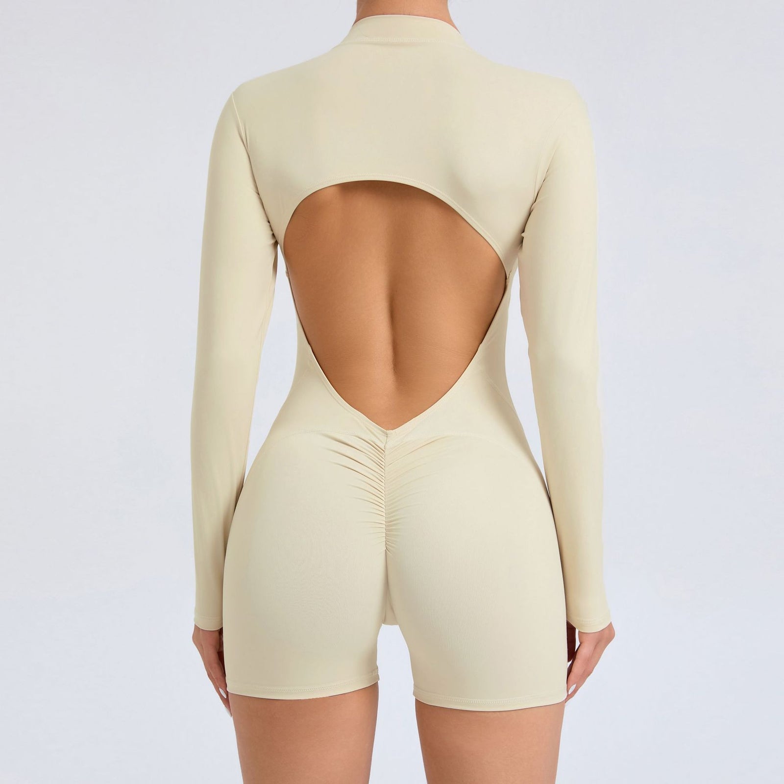 M Beige Backless Scrunch Butt Workout Jumpsuit - Long-Sleeve Open-Back Yoga Romper