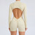 M Beige Backless Scrunch Butt Workout Jumpsuit - Long-Sleeve Open-Back Yoga Romper