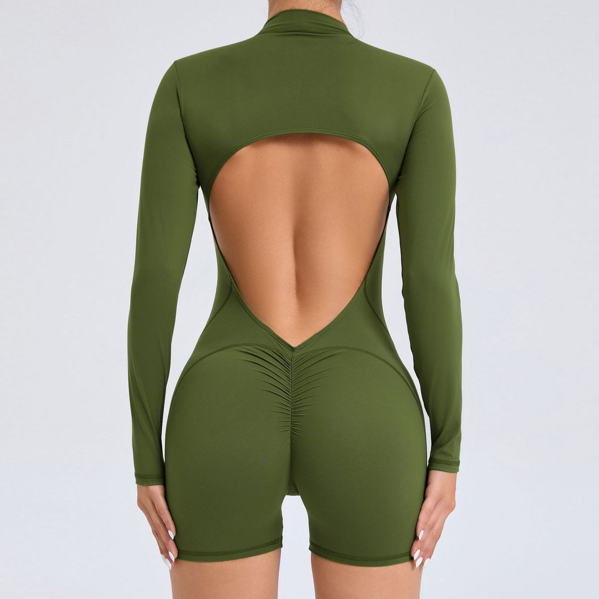 M Green Backless Scrunch Butt Workout Jumpsuit - Long-Sleeve Open-Back Yoga Romper