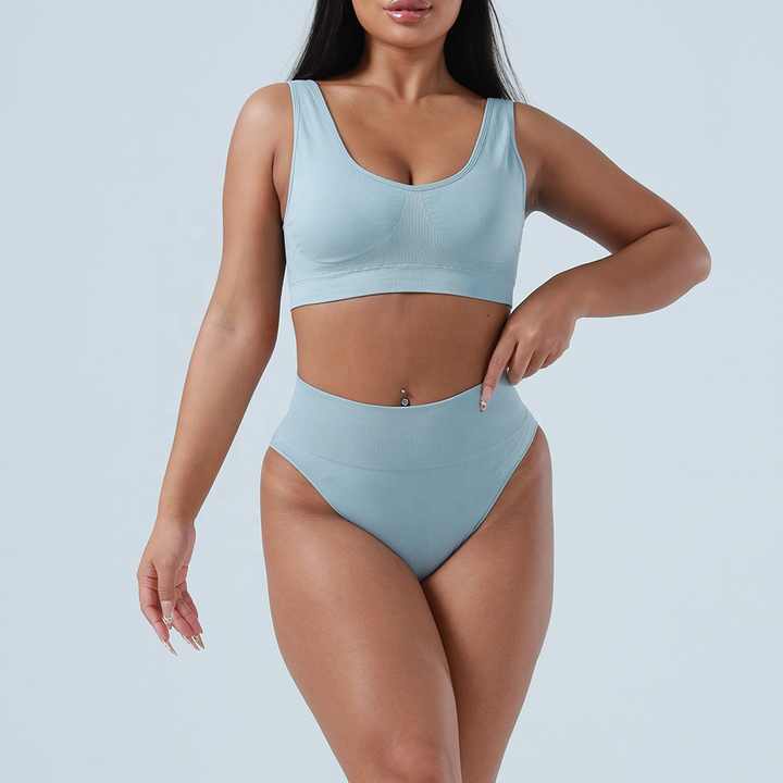 M Blue Seamless High-Waist Ribbed Bra &amp; Panty Set - Wireless Stretchy Underwear