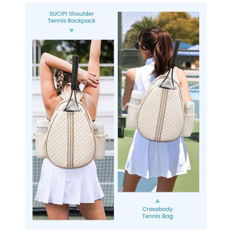 Beige Lightweight Waterproof Tennis Racket Backpack - Multifunction Sling and Backpack for Men and Women(The water cup racket is a shooting prop and is not included)