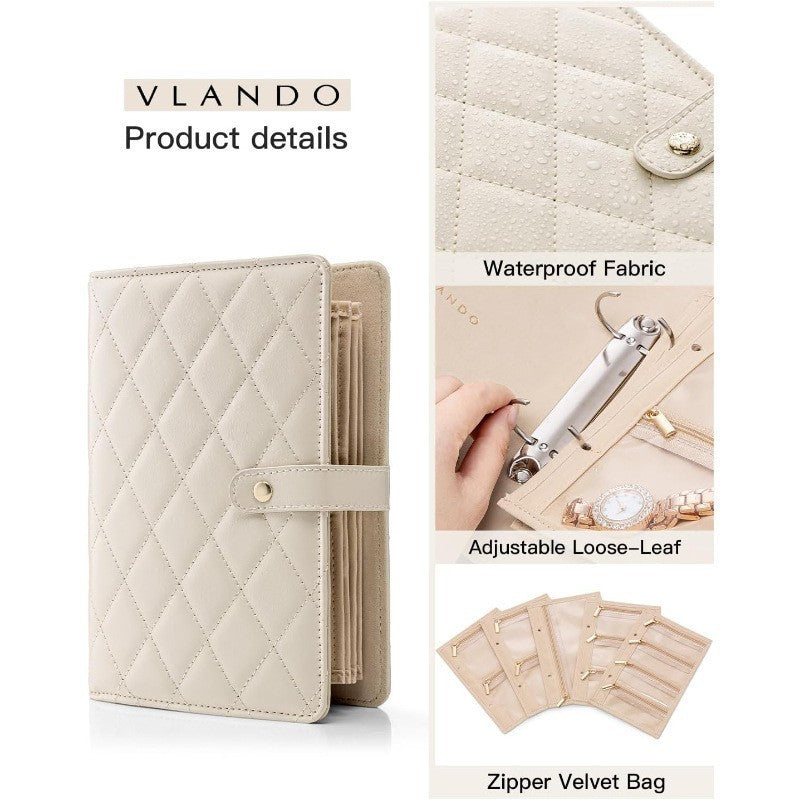 1 Piece  Beige Luxury Leather Loose-Leaf Jewelry Organizer - Portable Large-Capacity Storage Book for Earrings and Necklaces(Jewellery is a shooting prop and is not included)