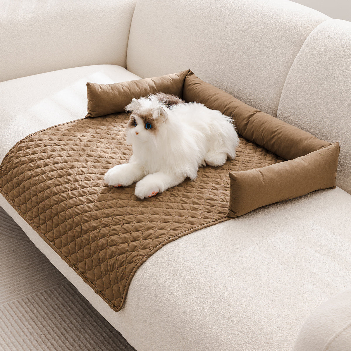 90*90CM Brown Waterproof &amp; Scratch-Resistant Pet Sofa Protector Mat with Pillow | Cat &amp; Dog Bed, Washable, All-Season