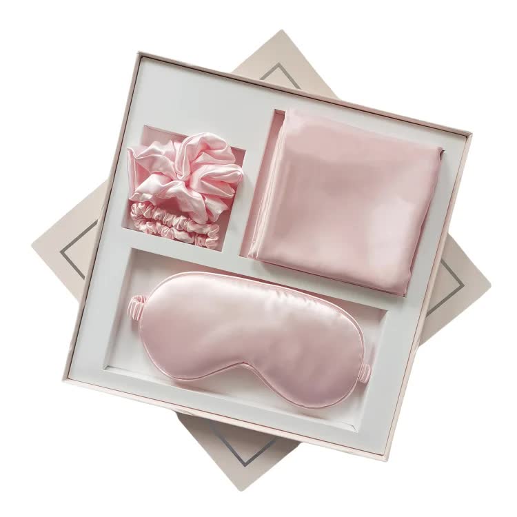 Pink Luxury Faux Silk Sleep Gift Set - 4-Piece Eye Mask, Pillowcase &amp; Scrunchies for Relaxation &amp; Comfort