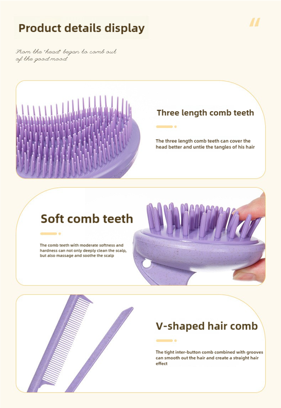 2 Pcs Purple Eco-Friendly Wheat Straw Hair Care Set - Massage Brush, Detangling Comb, and V-shaped Comb for All Hair Types