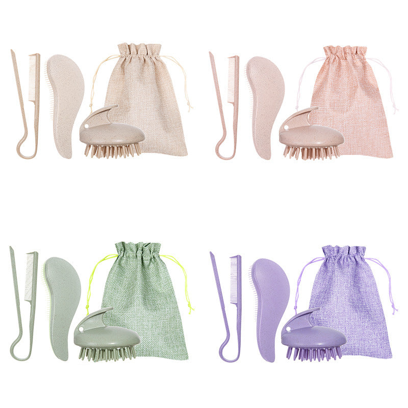 2 Pcs Pink Eco-Friendly Wheat Straw Hair Care Set - Massage Brush, Detangling Comb, and V-shaped Comb for All Hair Types