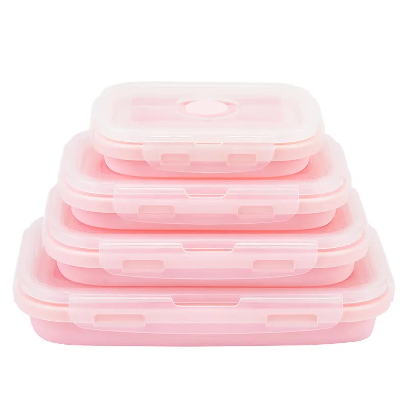 Pink Collapsible Silicone Bento Box Set – 4-Piece Food-Grade Microwave &amp; Freezer Safe Lunch Box Set