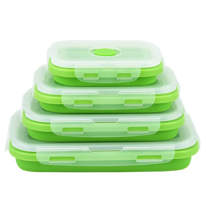Green Collapsible Silicone Bento Box Set - 4-Piece Food-Grade Microwave &amp; Freezer Safe Lunch Box Set