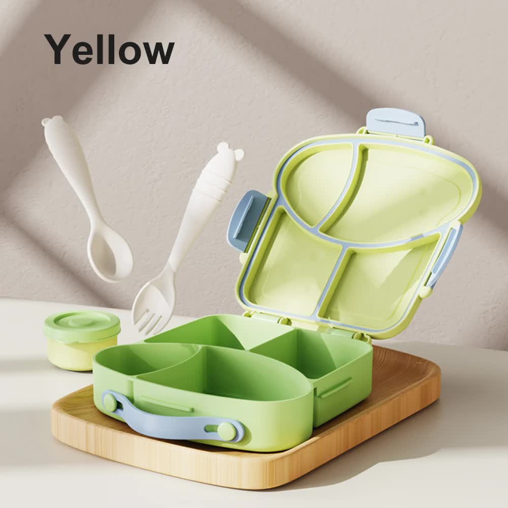 Yellow And Green Kids Bento Box with Dividers, Microwave Safe, Leak-Proof Lunch Box with Fork &amp; Spoon - Eco-Friendly PP Plastic, Colorful, Leakproof Food Storage