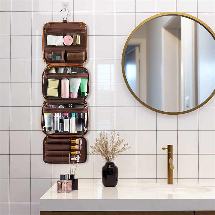 Coffee Luxury PU Business Travel Toiletry Bag - Large Capacity Waterproof Makeup Organizer with Dividers - Portable & Stylish Bathroom Storage