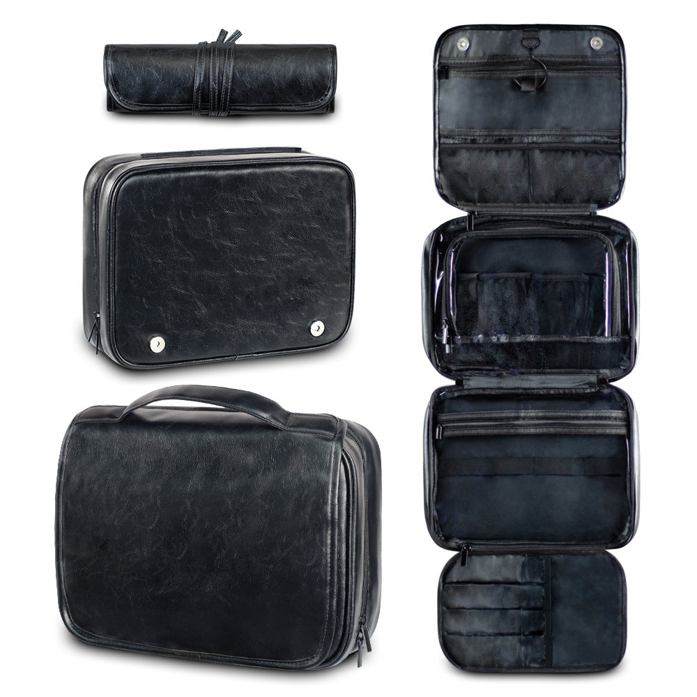 Black Luxury PU Business Travel Toiletry Bag - Large Capacity Waterproof Makeup Organizer with Dividers - Portable &amp; Stylish Bathroom Storage