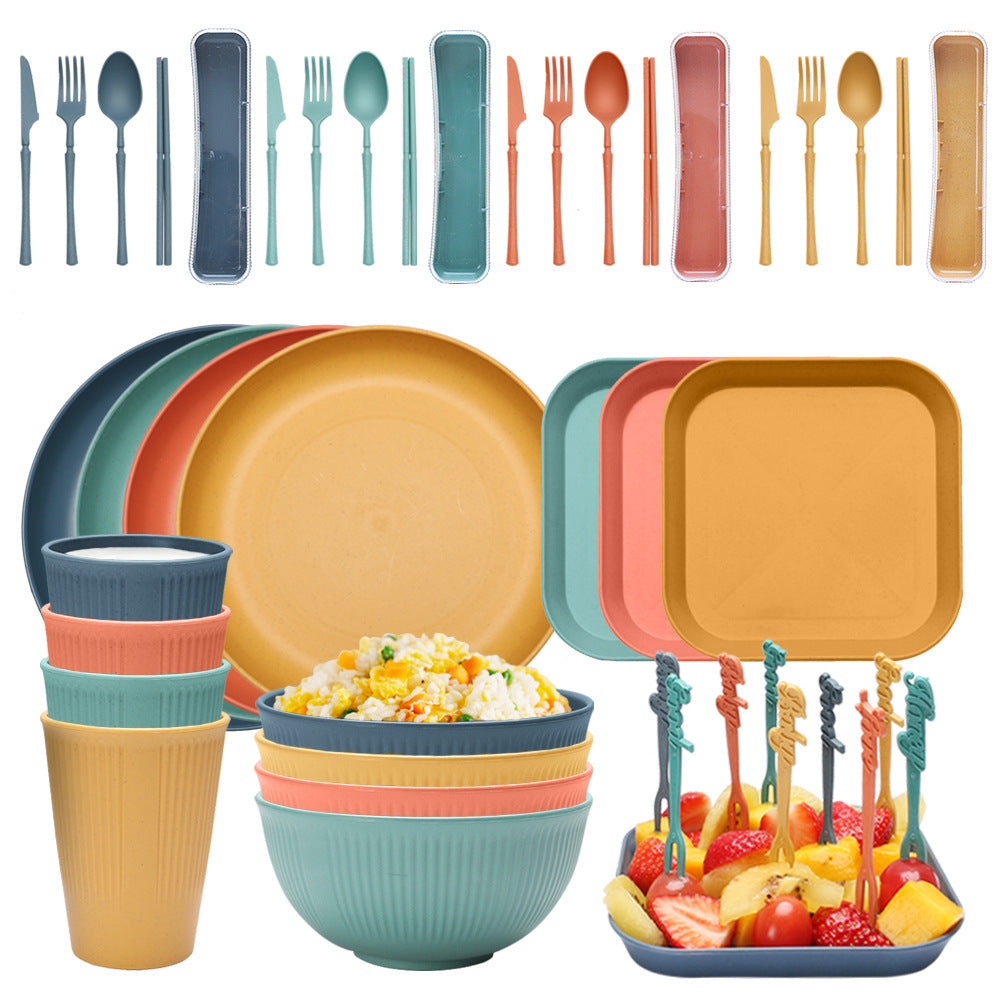 Four-person Set Multicolor Eco-Friendly Wheat Straw Dinnerware Set,  Plate, Bowl, Cup &amp; Utensil Set - Lightweight, Reusable, and Durable for Home, School, and Travel