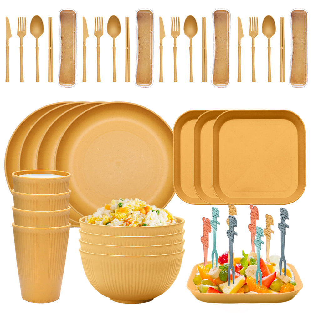 Four-person Set Yellow Eco-Friendly Wheat Straw Dinnerware Set,  Plate, Bowl, Cup &amp; Utensil Set - Lightweight, Reusable, and Durable for Home, School, and Travel