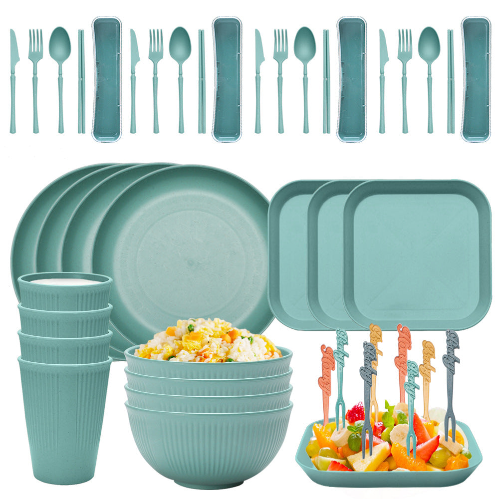 Four-person Set Green Eco-Friendly Wheat Straw Dinnerware Set,  Plate, Bowl, Cup &amp; Utensil Set - Lightweight, Reusable, and Durable for Home, School, and Travel