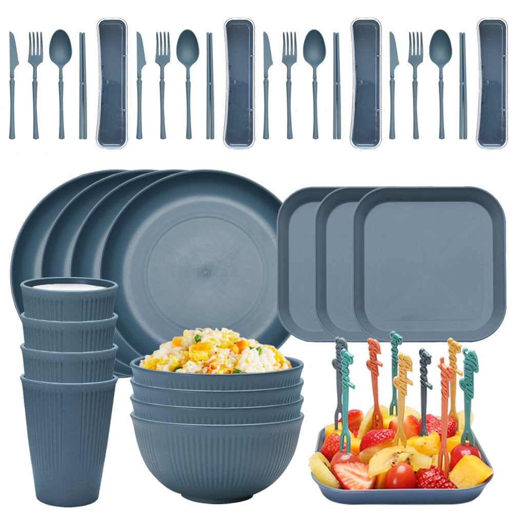 Four-person Set Blue Eco-Friendly Wheat Straw Dinnerware Set,  Plate, Bowl, Cup &amp; Utensil Set - Lightweight, Reusable, and Durable for Home, School, and Travel