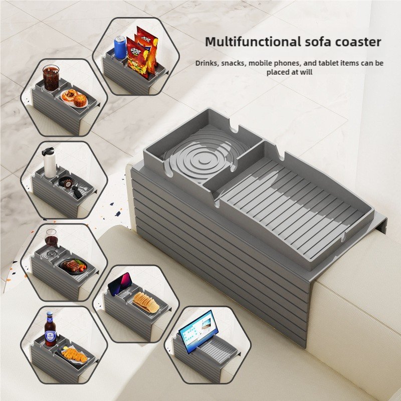 Beige Multi-Function Sofa Cup Holder Tray, Silicone Drink Organizer, Adjustable and Easy-to-Clean Sofa Armrest Storage Box for Drinks, Snacks, and Gadgets