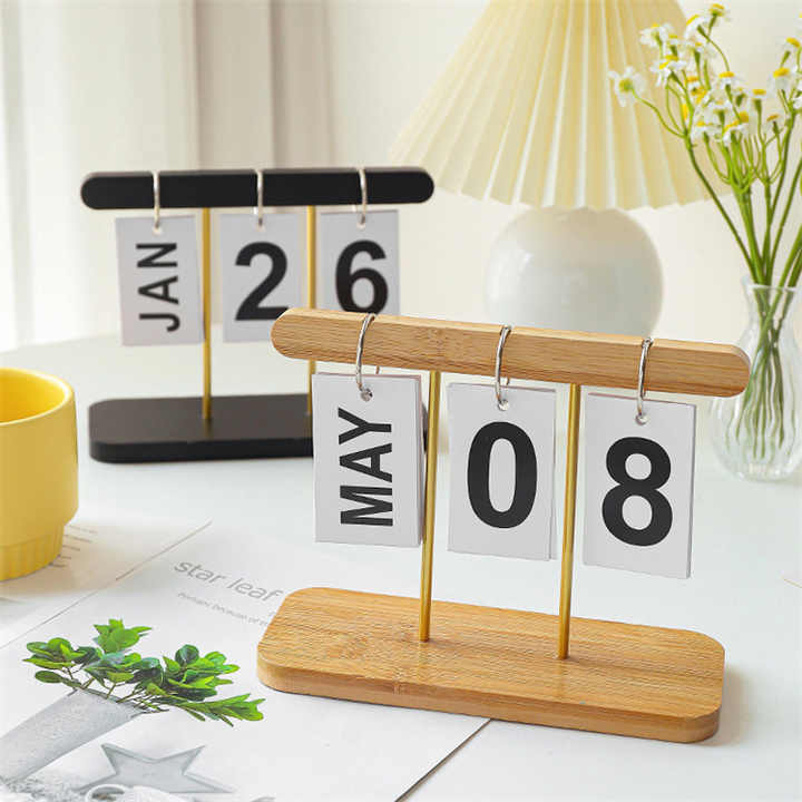 Black Modern Minimalist Wooden Flip Calendar - Stylish Desktop Calendar for Home, Office, and Study Room