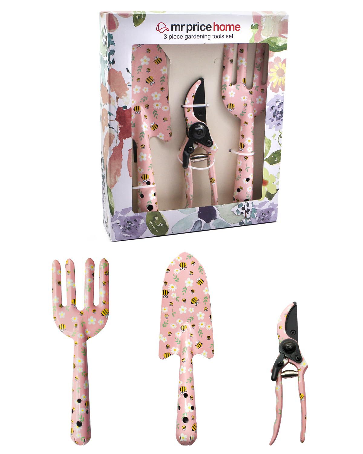 Pink 3-Piece Floral Print Garden Tool Set – Carbon Steel Pruner, Cultivator &amp; Trowel for Gardening