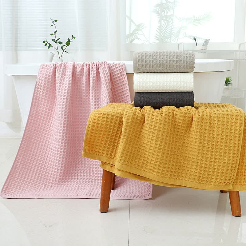 Yellow Luxury Cotton Waffle Bath Towel, Soft, Quick-Drying, Water Absorbent, Unisex, for Home Use