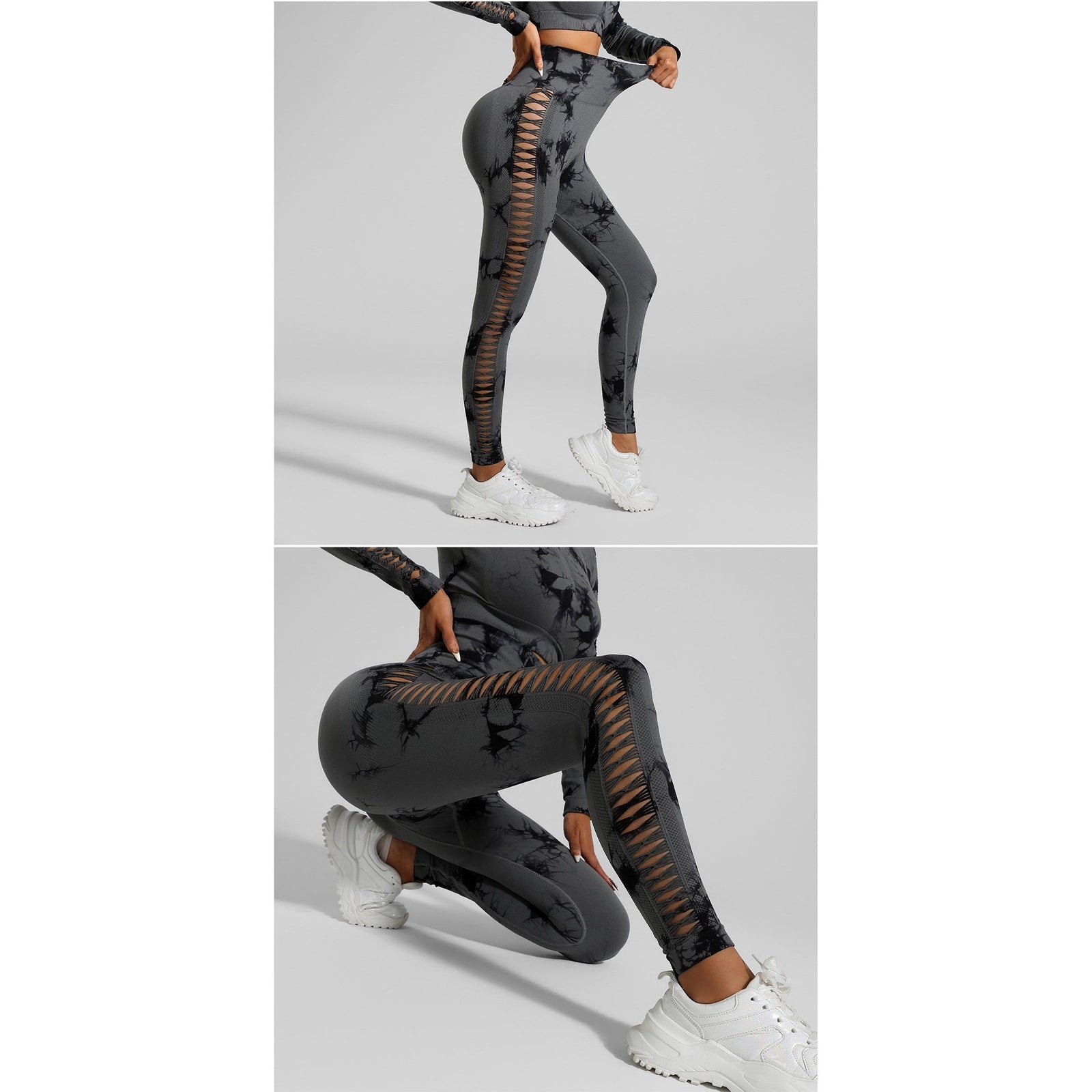 Dark Gray Size L Tie-Dye Yoga Set Long Sleeve Butt Lift Leggings Seamless Workout Training Gym Clothes