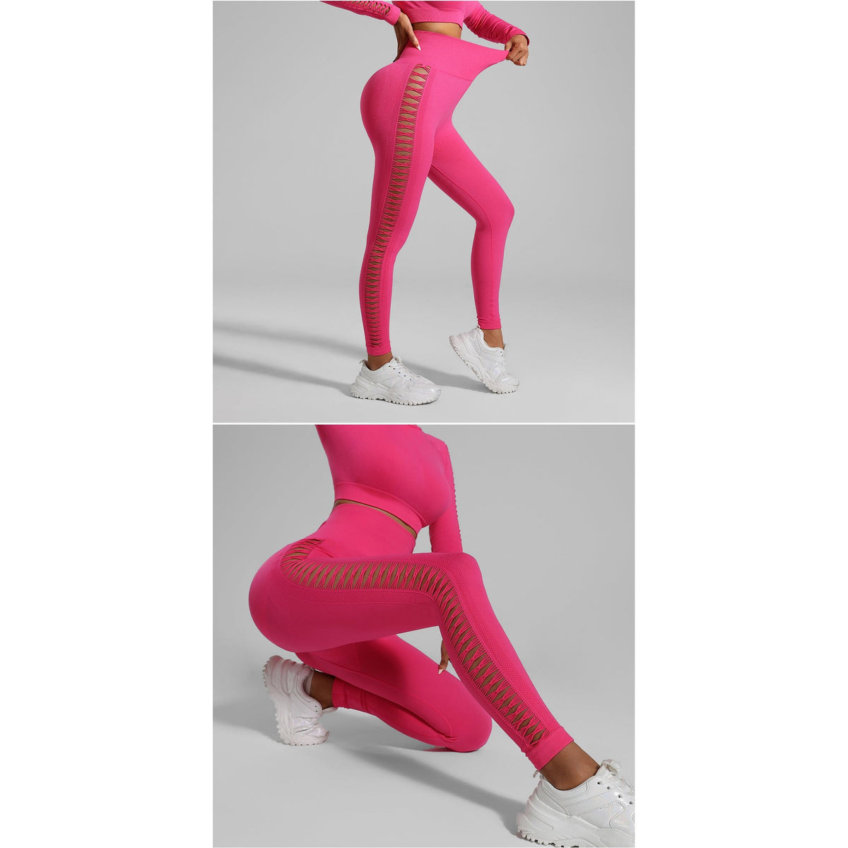 Rose Red Size L Tie-Dye Yoga Set Long Sleeve Butt Lift Leggings Seamless Workout Training Gym Clothes