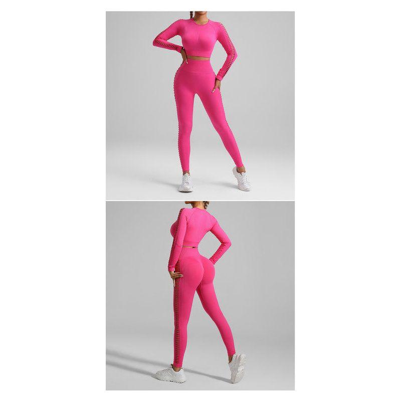 Rose Red Size L Tie-Dye Yoga Set Long Sleeve Butt Lift Leggings Seamless Workout Training Gym Clothes