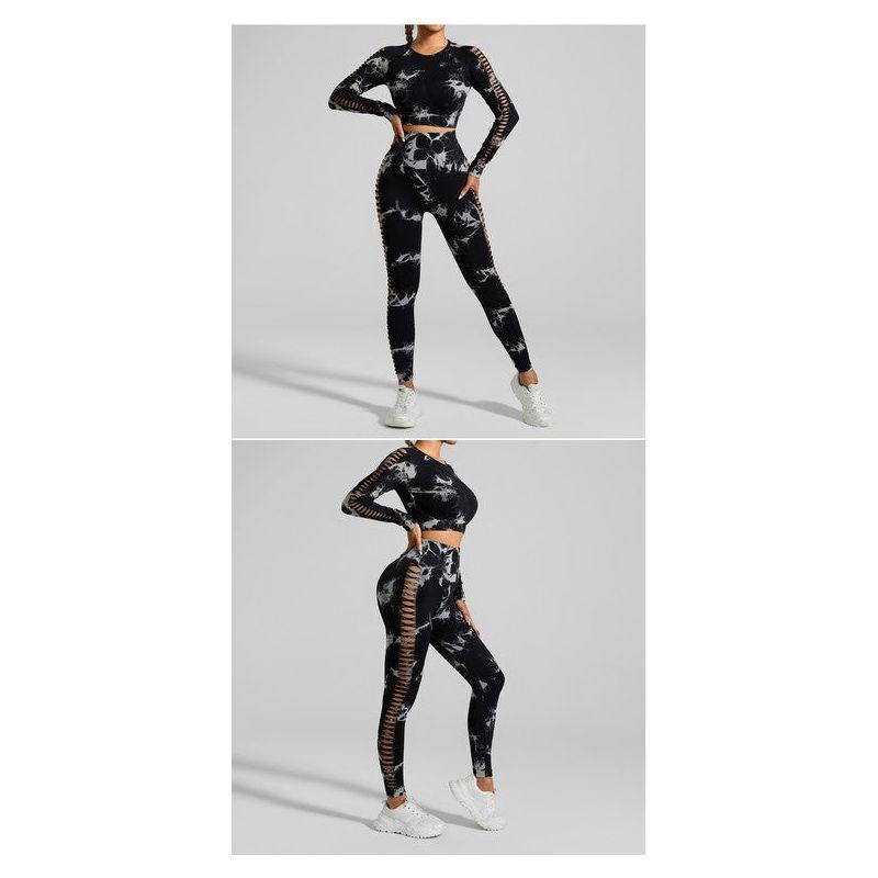 Black and Grey Tie-Dye Size S Tie-Dye Yoga Set Long Sleeve Butt Lift Leggings Seamless Workout Training Gym Clothes