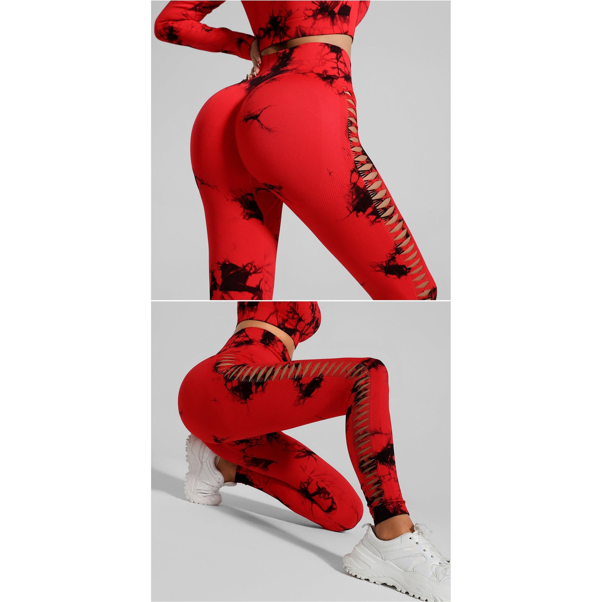 Red and Black Tie-Dye Size S Tie-Dye Yoga Set Long Sleeve Butt Lift Leggings Seamless Workout Training Gym Clothes