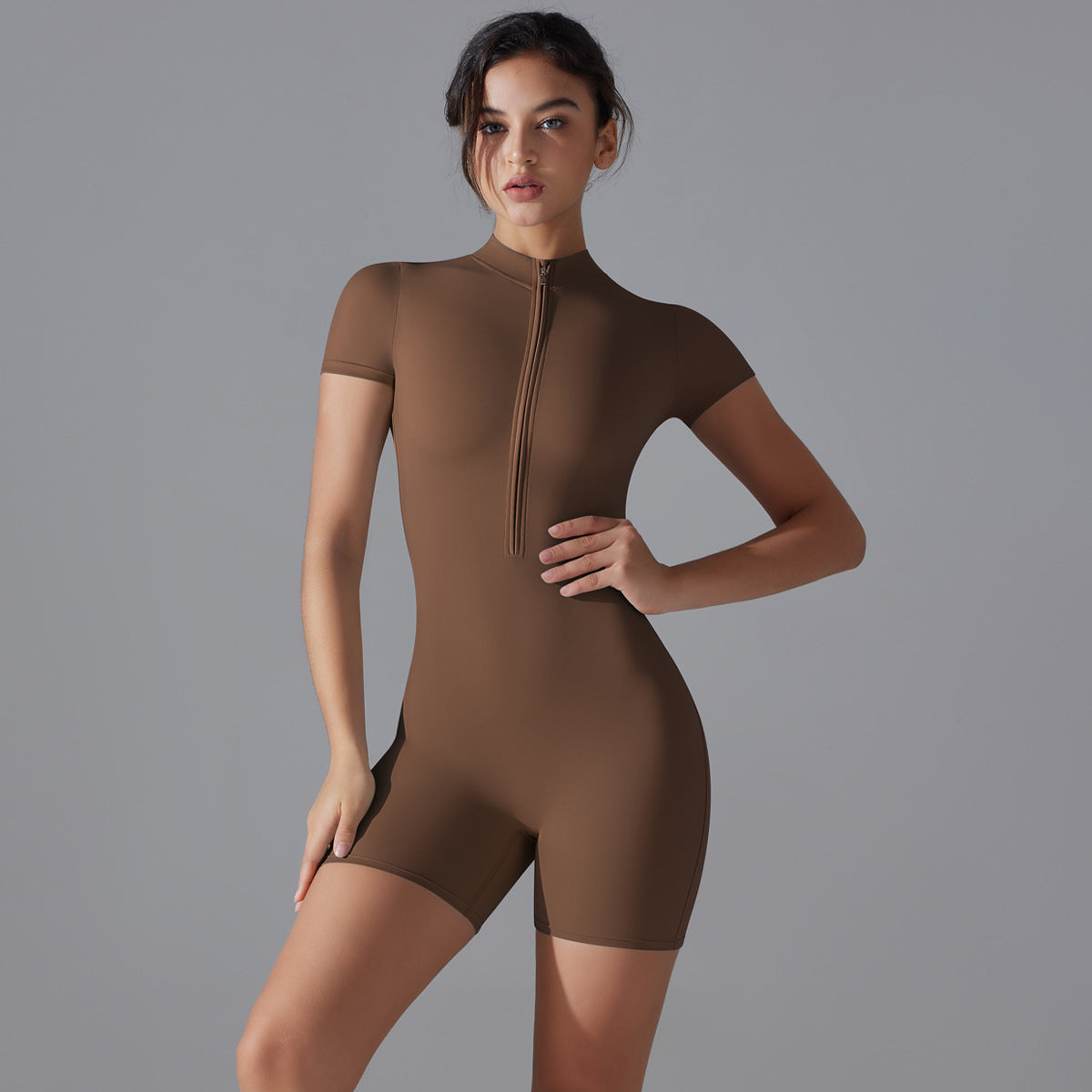 Brown Size M Women's Summer Zip-Up Bodysuit - Short Sleeve, High Stretch Yoga &amp; Dance Outfit, Breathable Fitness Wear