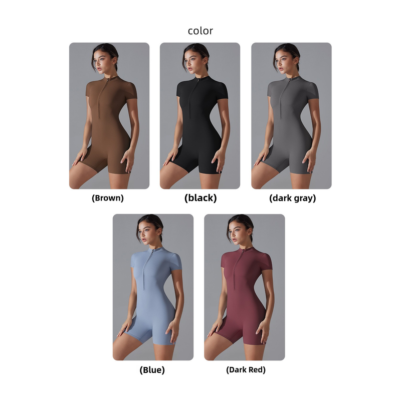 Black Size S Women's Summer Zip-Up Bodysuit - Short Sleeve, High Stretch Yoga & Dance Outfit, Breathable Fitness Wear