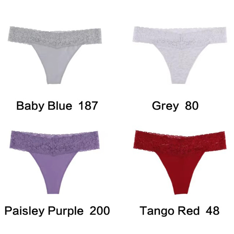 Size S Lace-Trimmed Thong Underwear – 4-Pack in Baby Blue,Grey,Paisley Purple and Tange Red