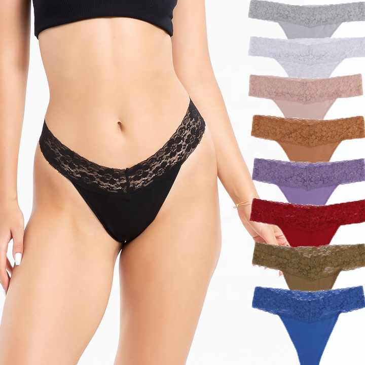 Size S Lace-Trimmed Thong Underwear – 4-Pack in Baby Blue,Grey,Paisley Purple and Tange Red