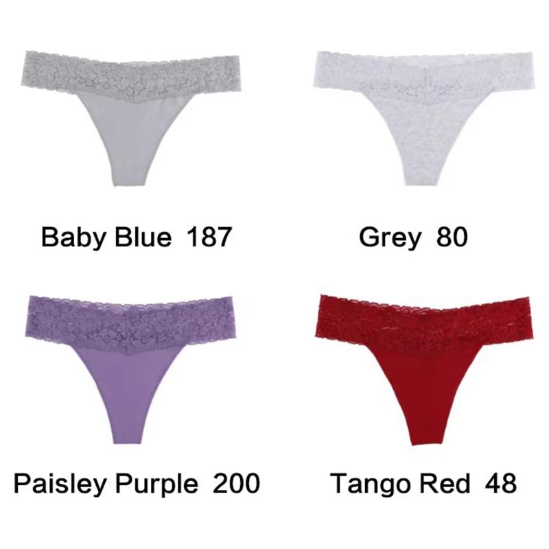 Size L Lace-Trimmed Thong Underwear - 4-Pack in Baby Blue,Grey,Paisley Purple and Tange Red