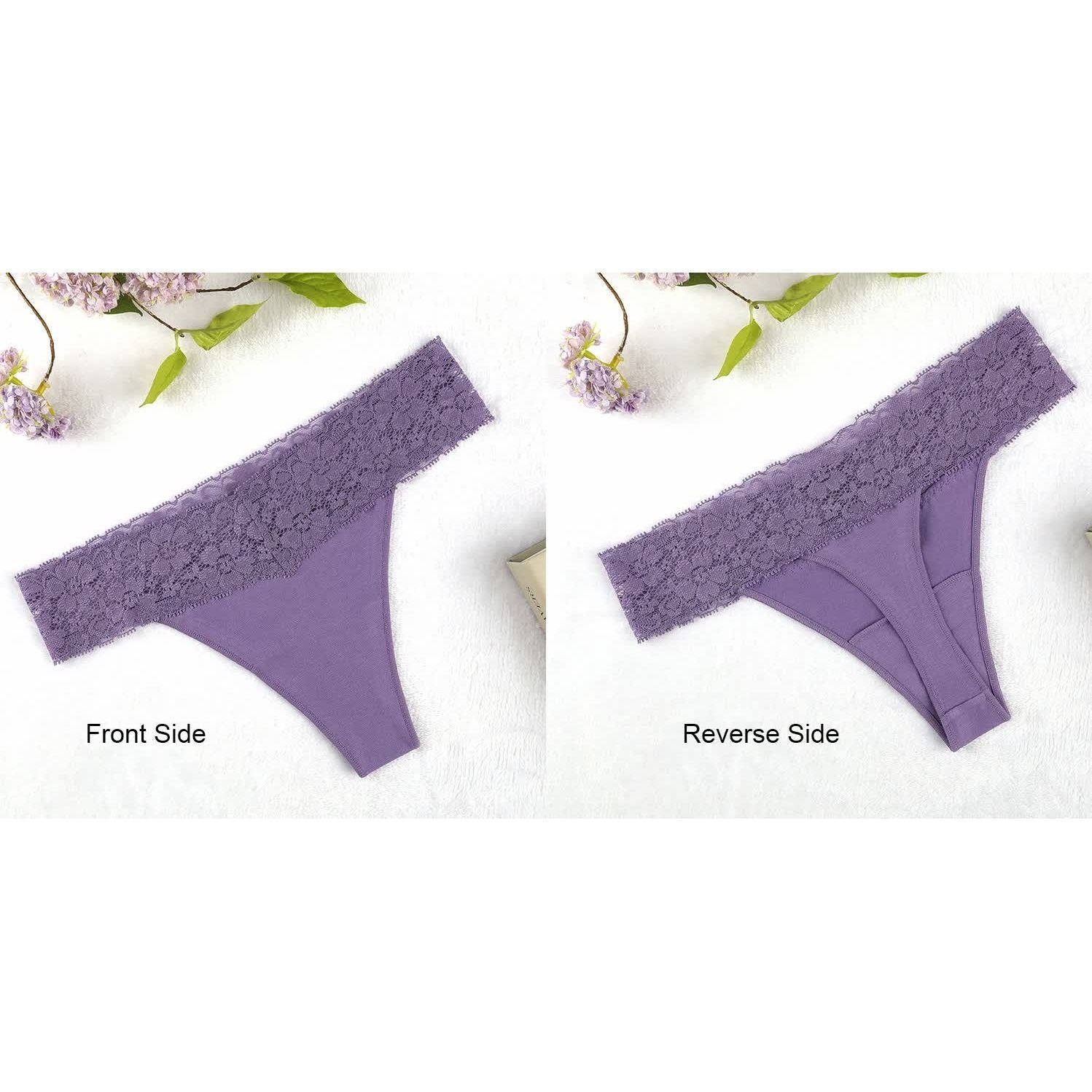 Size L Lace-Trimmed Thong Underwear - 4-Pack in Baby Blue,Grey,Paisley Purple and Tange Red