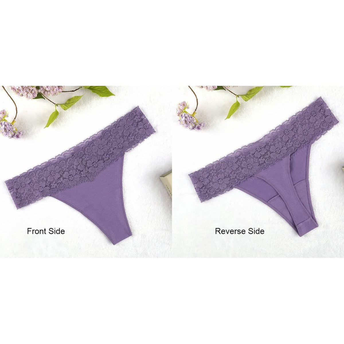 Size XL Lace-Trimmed Thong Underwear - 4-Pack in Baby Blue,Grey,Paisley Purple and Tange Red