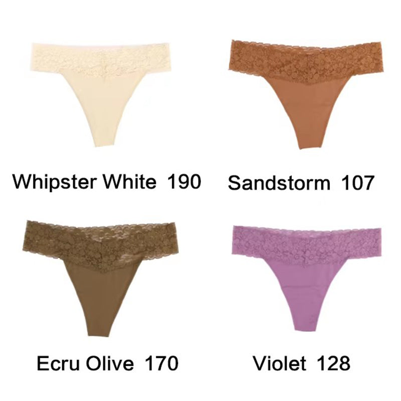 Size XL Lace-Trimmed Thong Underwear - 4-Pack in Whipster White,Sandstorm,Ecru Olive and Violet