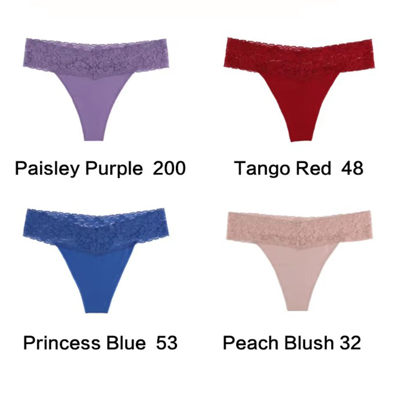 Size S Lace-Trimmed Thong Underwear -4-Pack in Paisley Purple,Tango Red,Princess Blue and Peach Blush