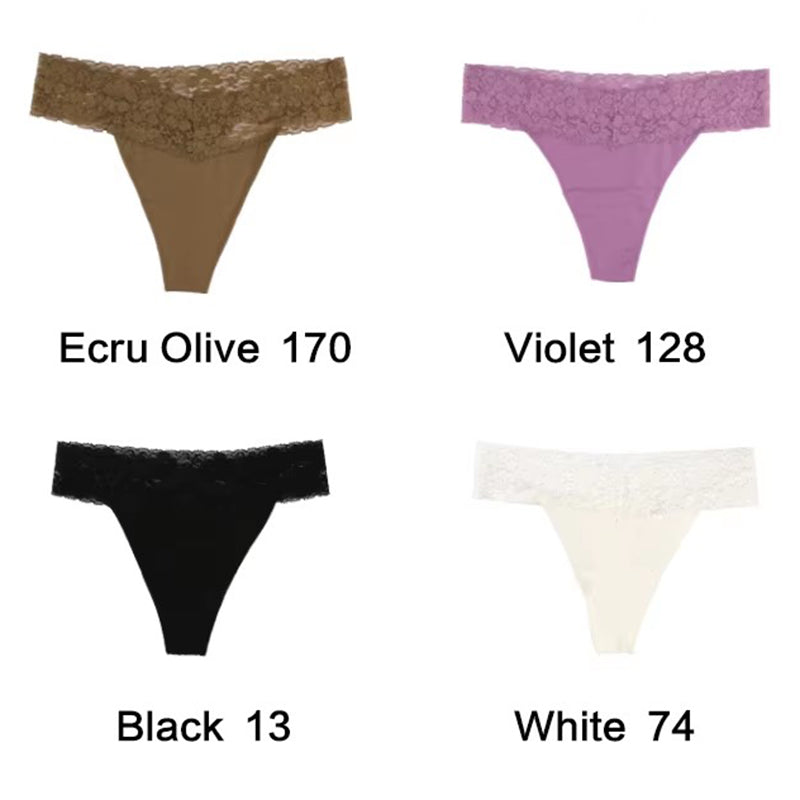 Size XL Lace-Trimmed Thong Underwear -4-Pack in Ecru Olive,Violet,Black and White