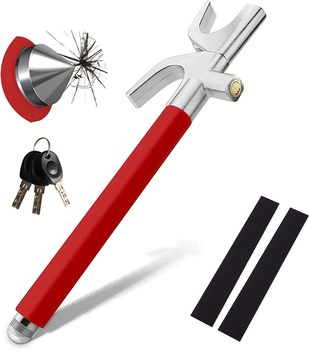 Red Multifunctional Car Steering Wheel Lock - Adjustable and Telescopic Anti-theft &amp; Window Breaker Safety Tool