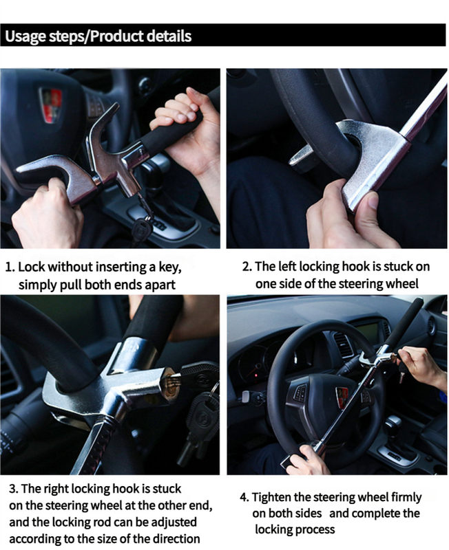 Red Multifunctional Car Steering Wheel Lock - Adjustable and Telescopic Anti-theft & Window Breaker Safety Tool