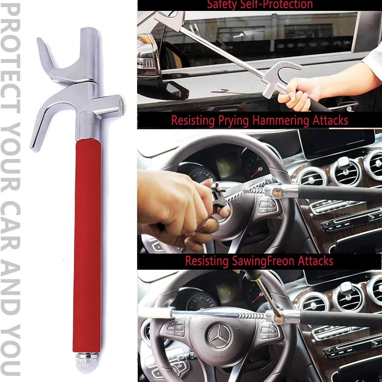 Black Multifunctional Car Steering Wheel Lock - Adjustable and Telescopic Anti-theft & Window Breaker Safety Tool