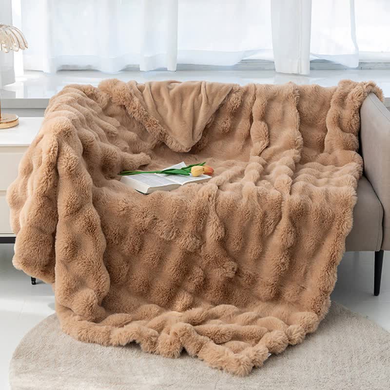 Coffee 130*160cm Plush Toscana Rabbit Hair Throw Blanket - Soft Flannel Fleece for All Seasons, Perfect for Couch &amp; Bed