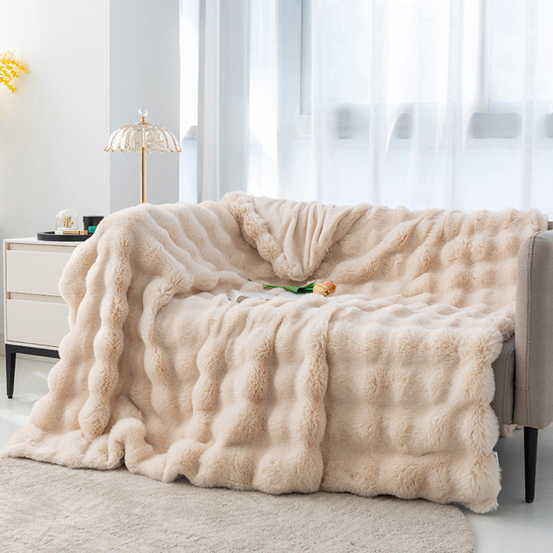 Apricot 130*160cm Plush Toscana Rabbit Hair Throw Blanket - Soft Flannel Fleece for All Seasons, Perfect for Couch &amp; Bed