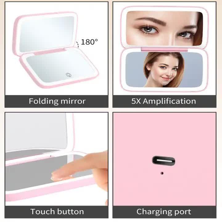 Pink MR2326C Portable LED Illuminated Makeup Mirror - Foldable Lighted Vanity Mirror with 801mAh Battery