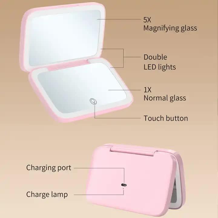 Pink MR2326C Portable LED Illuminated Makeup Mirror - Foldable Lighted Vanity Mirror with 801mAh Battery